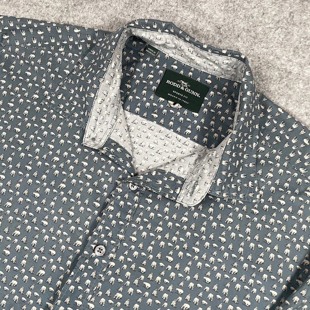 Rodd And Gunn Mens Shirt L Blue-Gray Animal Print Long Sleeve Sports Fit Woven